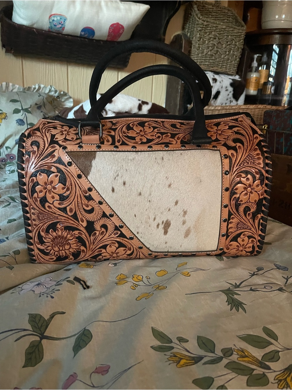 Hand-Tooled Floral Hair-On Hide Satchel in Black and Tan